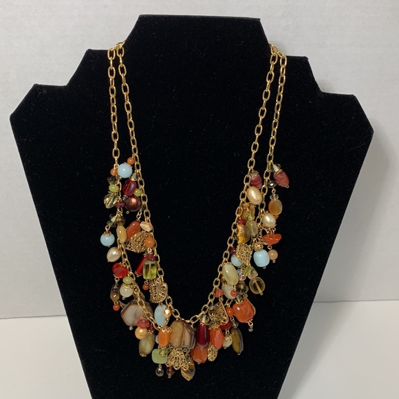 GoldTone Necklace 2 Strand Fall Earthtone Colors Multi Stones Filigree 16.5”+2” - Picture 10 of 11